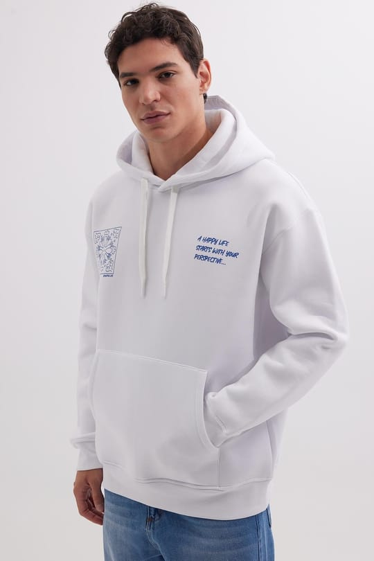 Unisex Oversize Geniş Kesim Pamuklu Yumuşak Dokulu İçi Polarlı Baskılı Beyaz Kapüşonlu Sweatshirt