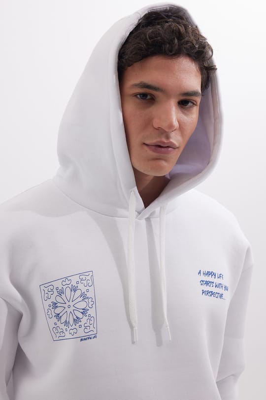 Unisex Oversize Geniş Kesim Pamuklu Yumuşak Dokulu İçi Polarlı Baskılı Beyaz Kapüşonlu Sweatshirt