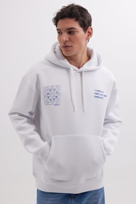 Unisex Oversize Geniş Kesim Pamuklu Yumuşak Dokulu İçi Polarlı Baskılı Beyaz Kapüşonlu Sweatshirt