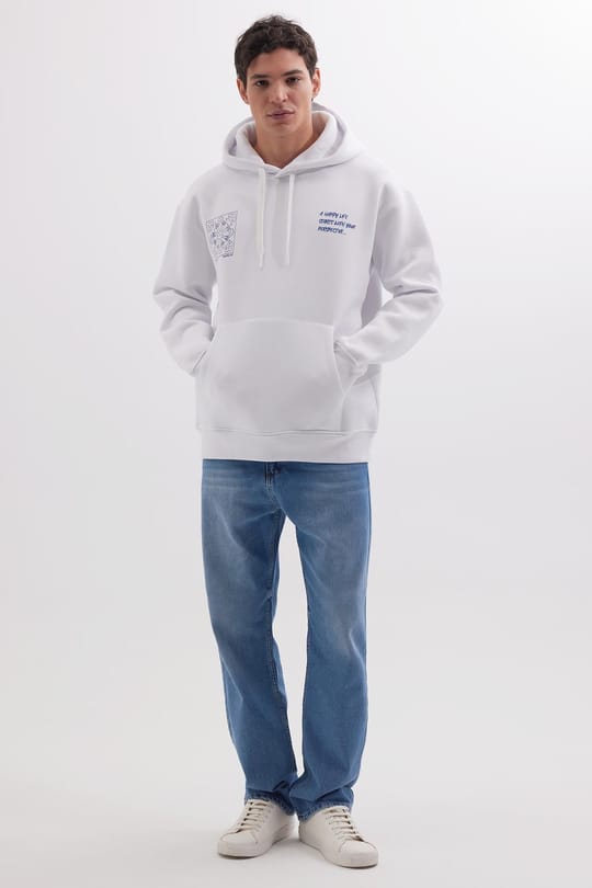 Unisex Oversize Geniş Kesim Pamuklu Yumuşak Dokulu İçi Polarlı Baskılı Beyaz Kapüşonlu Sweatshirt