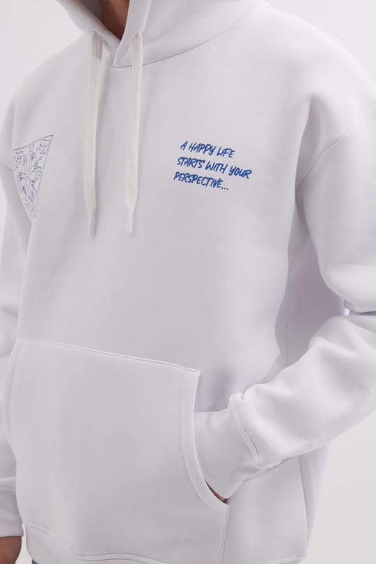 Unisex Oversize Geniş Kesim Pamuklu Yumuşak Dokulu İçi Polarlı Baskılı Beyaz Kapüşonlu Sweatshirt