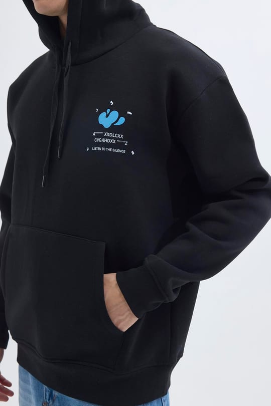 Unisex Oversize Geniş Kesim Pamuklu Yumuşak Dokulu İçi Polarlı Baskılı Siyah Kapüşonlu Sweatshirt