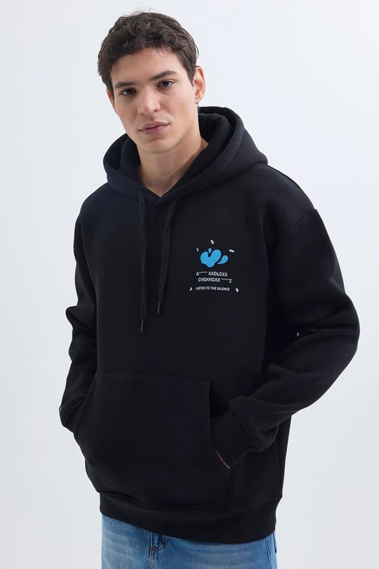 Unisex Oversize Geniş Kesim Pamuklu Yumuşak Dokulu İçi Polarlı Baskılı Siyah Kapüşonlu Sweatshirt