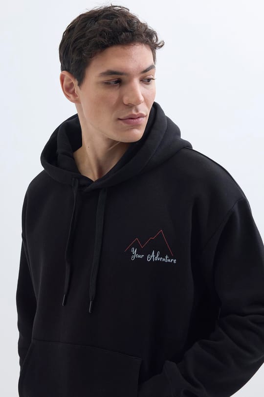 Unisex Oversize Geniş Kesim Pamuklu Yumuşak Dokulu İçi Polarlı Baskılı Siyah Kapüşonlu Sweatshirt