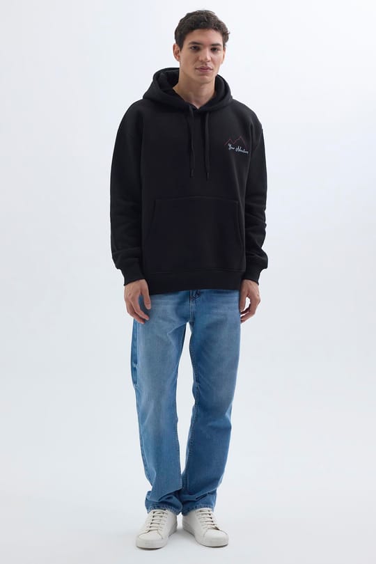 Unisex Oversize Geniş Kesim Pamuklu Yumuşak Dokulu İçi Polarlı Baskılı Siyah Kapüşonlu Sweatshirt