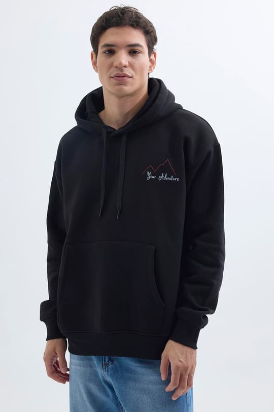 Unisex Oversize Geniş Kesim Pamuklu Yumuşak Dokulu İçi Polarlı Baskılı Siyah Kapüşonlu Sweatshirt