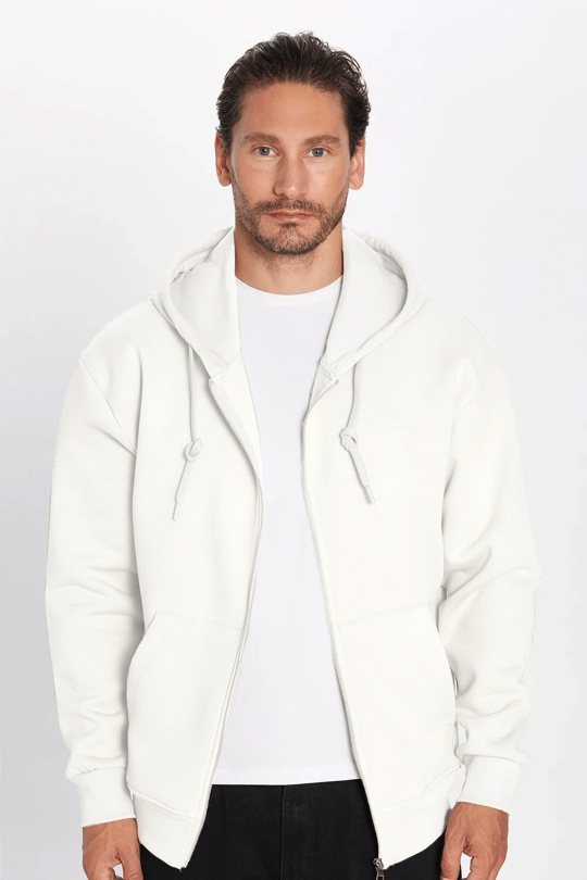Unisex Relax Fit Rahat Kesim Pamuklu İçi Polarlı Çift Cepli Fermuarlı Beyaz Kapüşonlu Sweatshirt