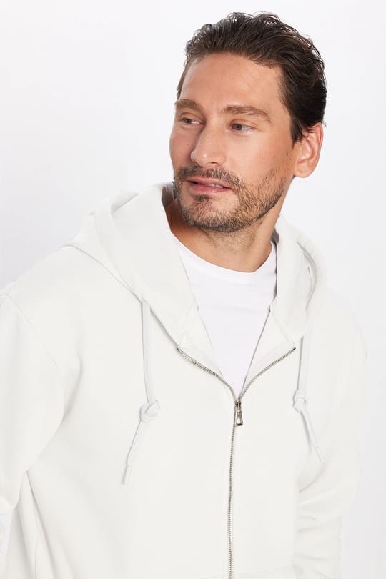 Unisex Relax Fit Rahat Kesim Pamuklu İçi Polarlı Çift Cepli Fermuarlı Beyaz Kapüşonlu Sweatshirt