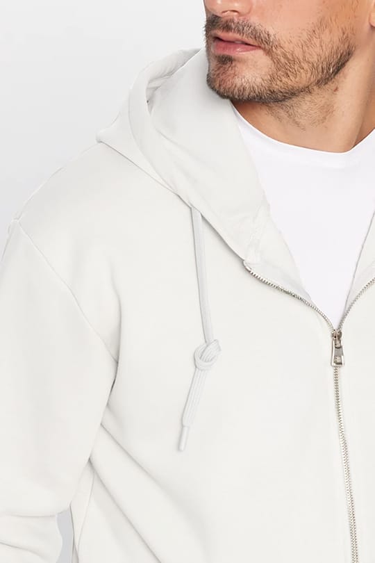 Unisex Relax Fit Rahat Kesim Pamuklu İçi Polarlı Çift Cepli Fermuarlı Beyaz Kapüşonlu Sweatshirt