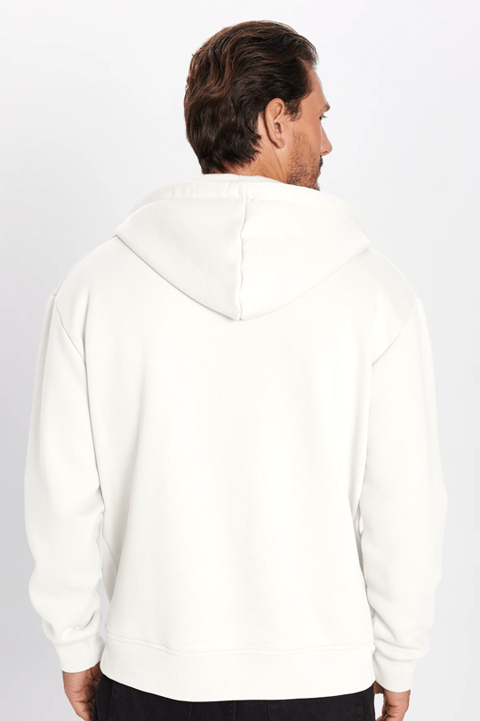 Unisex Relax Fit Rahat Kesim Pamuklu İçi Polarlı Çift Cepli Fermuarlı Beyaz Kapüşonlu Sweatshirt