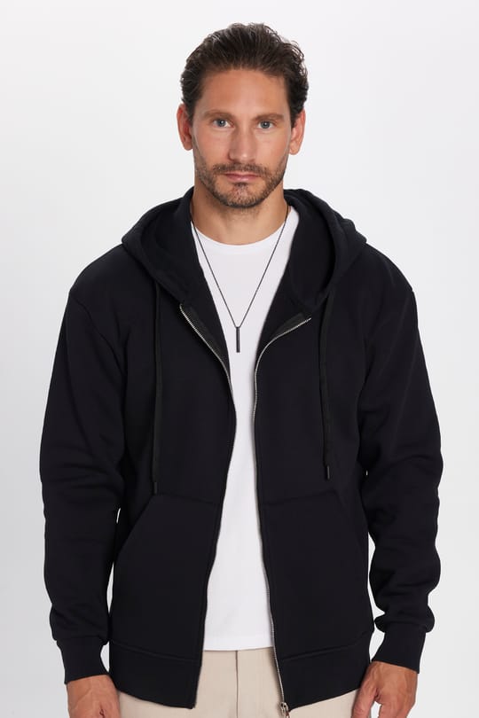 Unisex Relax Fit Rahat Kesim Pamuklu İçi Polarlı Çift Cepli Fermuarlı Siyah Kapüşonlu Sweatshirt