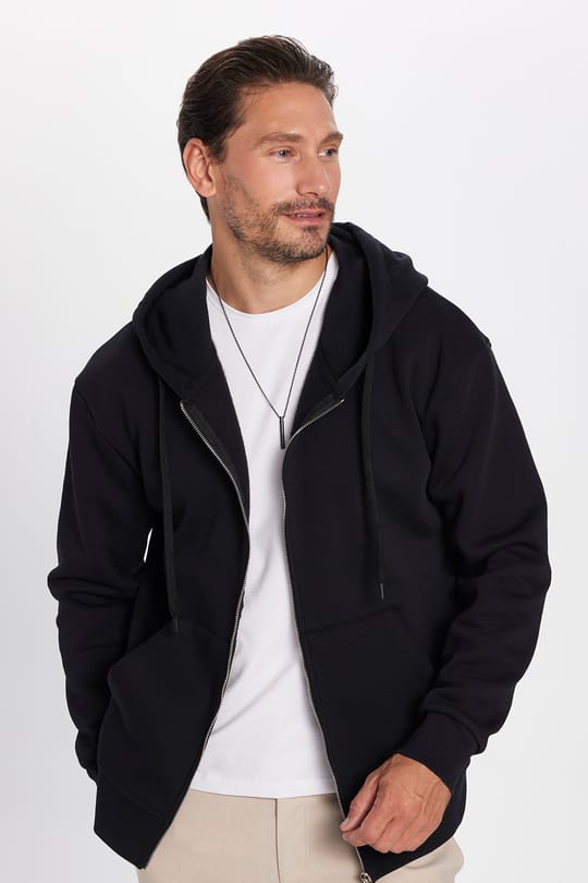 Unisex Relax Fit Rahat Kesim Pamuklu İçi Polarlı Çift Cepli Fermuarlı Siyah Kapüşonlu Sweatshirt
