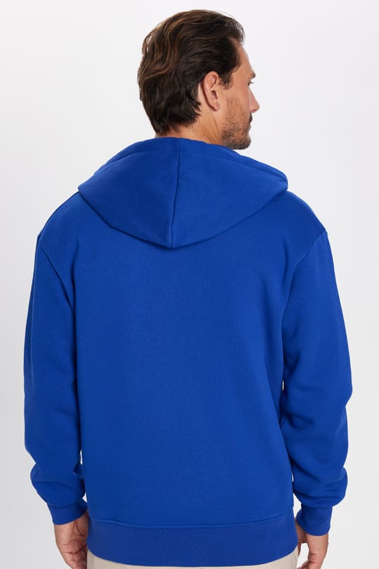 Unisex Relax Fit Rahat Kesim Pamuklu İçi Polarlı Çift Cepli Fermuarlı Sax Mavi Kapüşonlu Sweatshirt