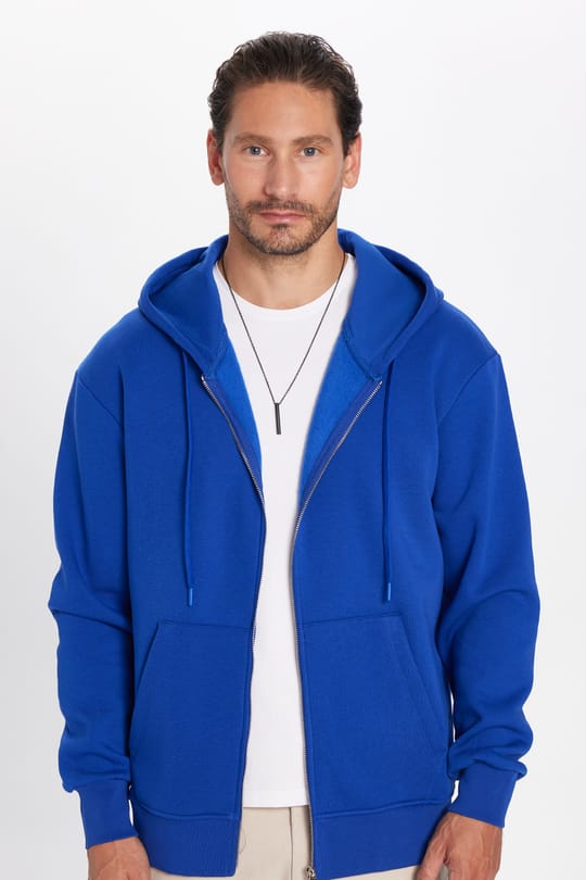 Unisex Relax Fit Rahat Kesim Pamuklu İçi Polarlı Çift Cepli Fermuarlı Sax Mavi Kapüşonlu Sweatshirt