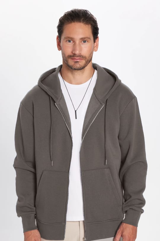 Unisex Relax Fit Rahat Kesim Pamuklu İçi Polarlı Çift Cepli Fermuarlı Gri Kapüşonlu Sweatshirt