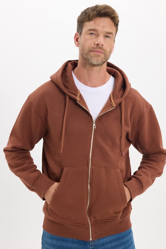 Unisex Relax Fit Rahat Kesim Pamuklu İçi Polarlı Çift Cepli Fermuarlı Kahverengi Kapüşonlu Sweatshirt