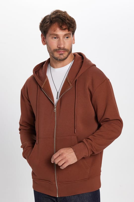 Unisex Relax Fit Rahat Kesim Pamuklu İçi Polarlı Çift Cepli Tam Fermuarlı Siyah Kapüşonlu Sweatshirt