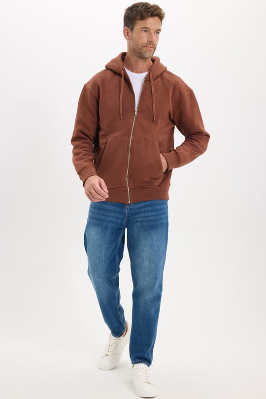 Unisex Relax Fit Rahat Kesim Pamuklu İçi Polarlı Çift Cepli Fermuarlı Kahverengi Kapüşonlu Sweatshirt