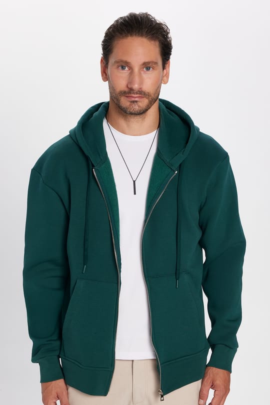 Unisex Relax Fit Rahat Kesim Pamuklu İçi Polarlı Çift Cepli Fermuarlı Yeşil Kapüşonlu Sweatshirt