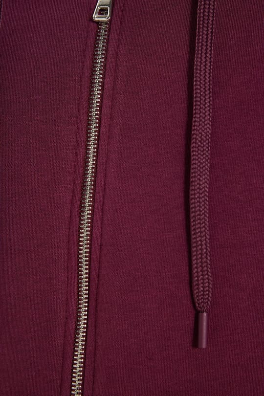 Unisex Relax Fit Rahat Kesim Pamuklu İçi Polarlı Çift Cepli Fermuarlı Bordo Kapüşonlu Sweatshirt