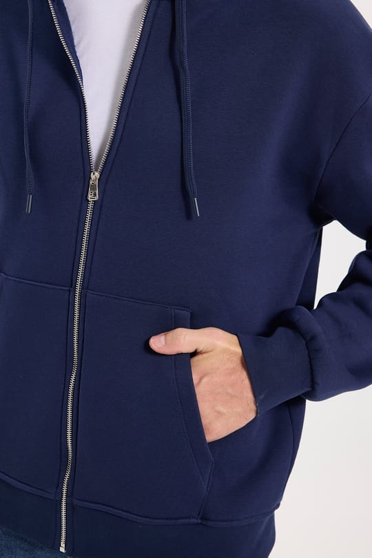 Unisex Relax Fit Rahat Kesim Pamuklu İçi Polarlı Çift Cepli Fermuarlı Lacivert Kapüşonlu Sweatshirt