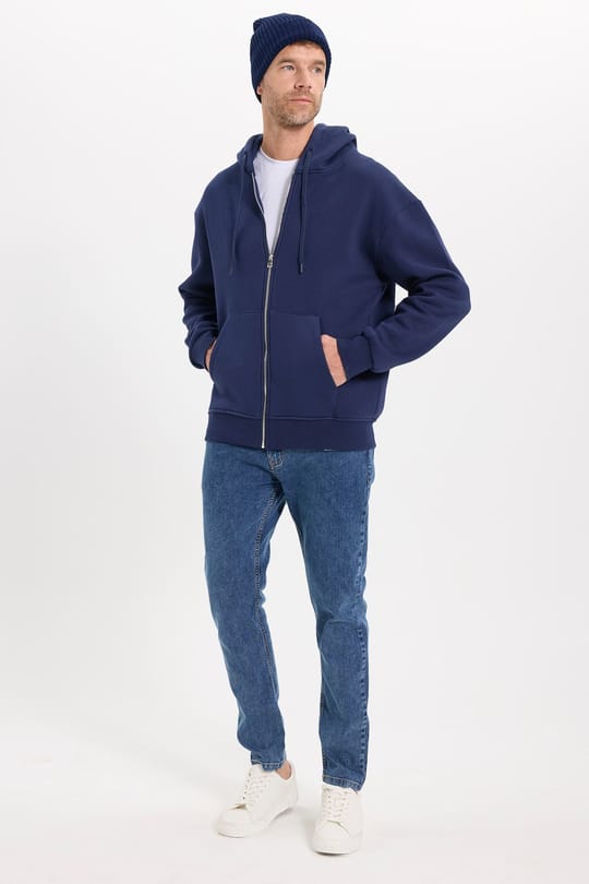 Unisex Relax Fit Rahat Kesim Pamuklu İçi Polarlı Çift Cepli Fermuarlı Lacivert Kapüşonlu Sweatshirt