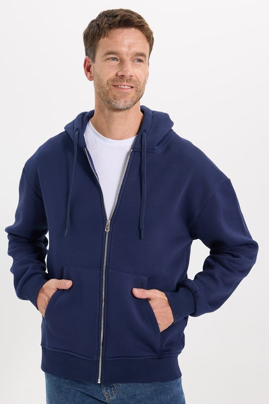 Unisex Relax Fit Rahat Kesim Pamuklu İçi Polarlı Çift Cepli Fermuarlı Lacivert Kapüşonlu Sweatshirt