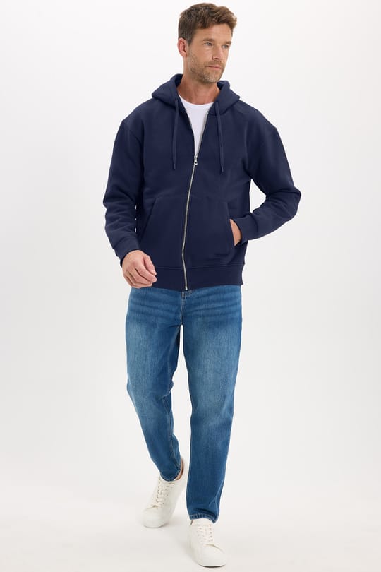 Unisex Relax Fit Rahat Kesim Pamuklu İçi Polarlı Çift Cepli Fermuarlı Lacivert Kapüşonlu Sweatshirt