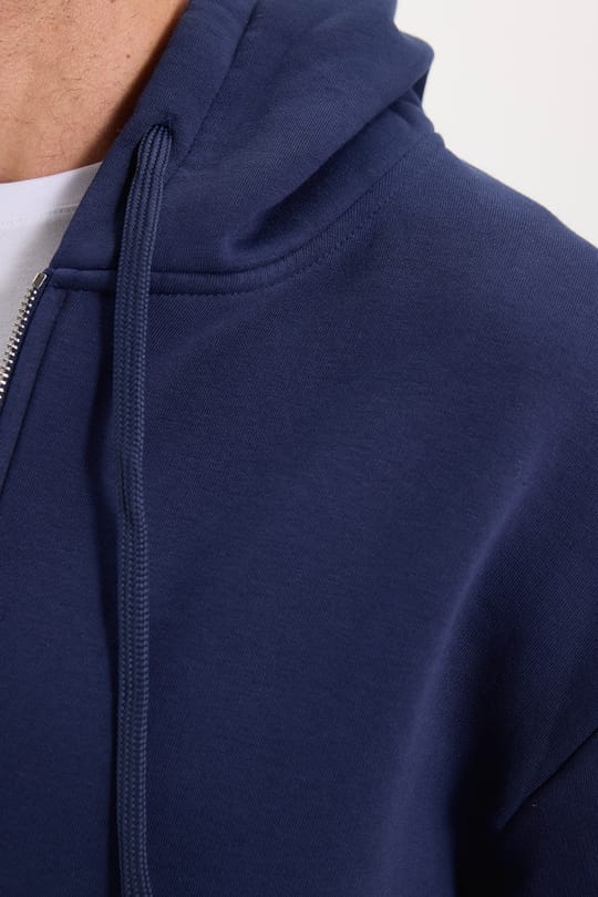 Unisex Relax Fit Rahat Kesim Pamuklu İçi Polarlı Çift Cepli Fermuarlı Lacivert Kapüşonlu Sweatshirt