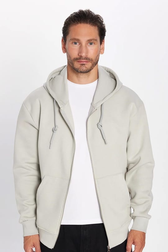Unisex Relax Fit Rahat Kesim Pamuklu İçi Polarlı Çift Cepli Fermuarlı Taş Renk Kapüşonlu Sweatshirt
