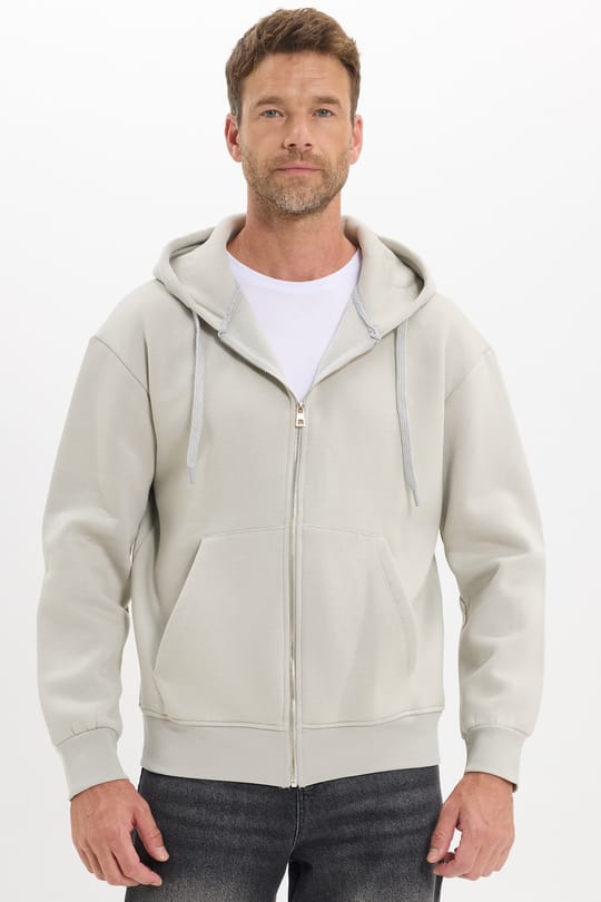 Unisex Relax Fit Rahat Kesim Pamuklu İçi Polarlı Çift Cepli Fermuarlı Taş Renk Kapüşonlu Sweatshirt