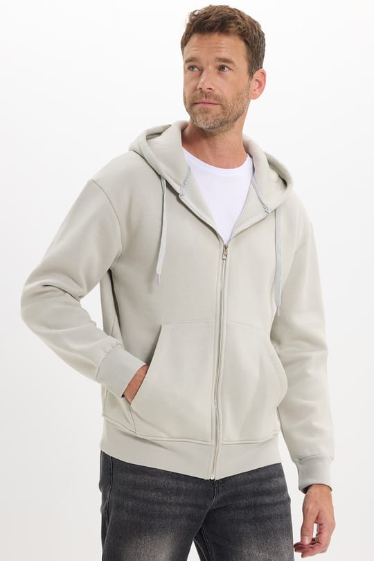 Unisex Relax Fit Rahat Kesim Pamuklu İçi Polarlı Çift Cepli Fermuarlı Taş Renk Kapüşonlu Sweatshirt