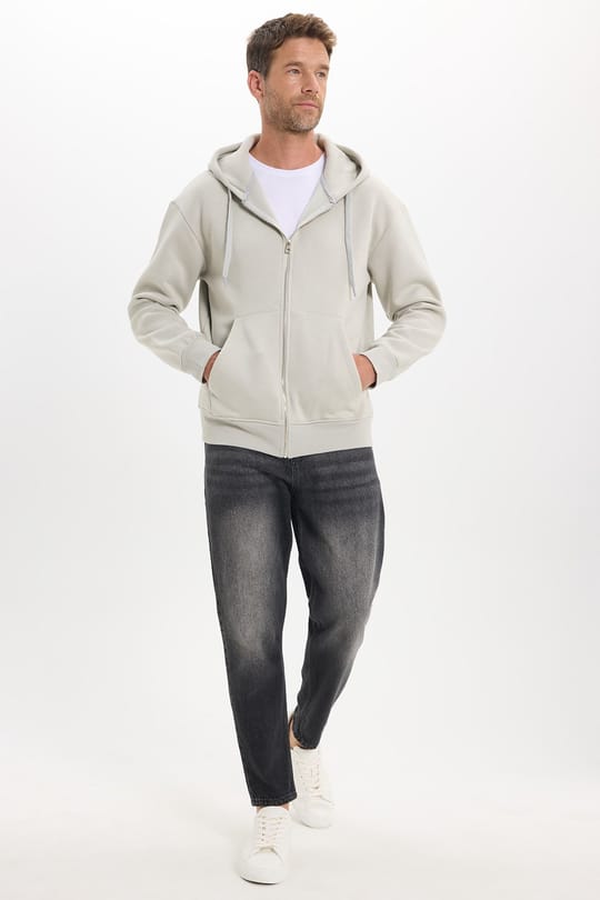 Unisex Relax Fit Rahat Kesim Pamuklu İçi Polarlı Çift Cepli Fermuarlı Taş Renk Kapüşonlu Sweatshirt