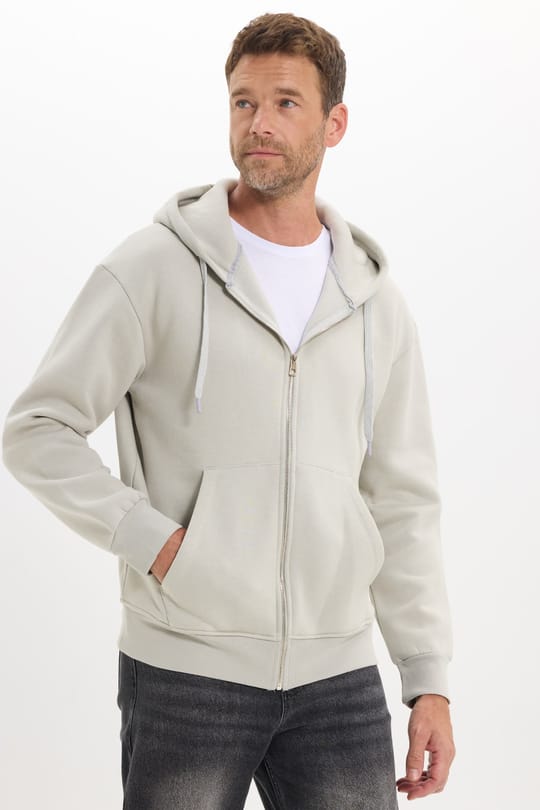 Unisex Relax Fit Rahat Kesim Pamuklu İçi Polarlı Çift Cepli Fermuarlı Taş Renk Kapüşonlu Sweatshirt