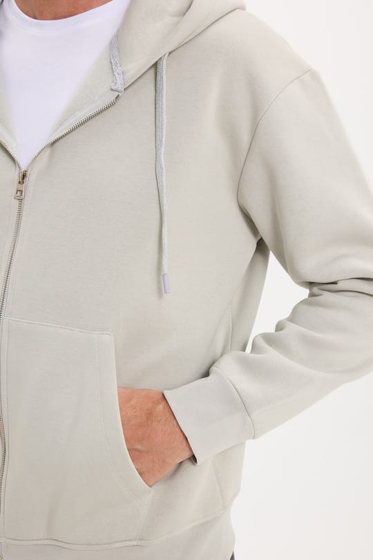 Unisex Relax Fit Rahat Kesim Pamuklu İçi Polarlı Çift Cepli Fermuarlı Taş Renk Kapüşonlu Sweatshirt
