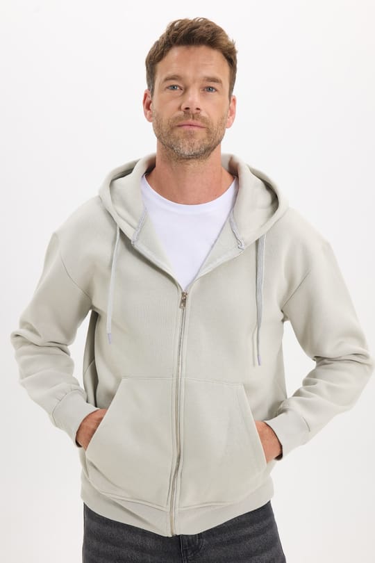 Unisex Relax Fit Rahat Kesim Pamuklu İçi Polarlı Çift Cepli Fermuarlı Taş Renk Kapüşonlu Sweatshirt