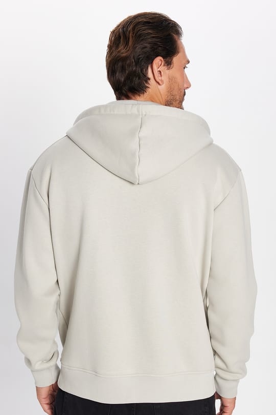 Unisex Relax Fit Rahat Kesim Pamuklu İçi Polarlı Çift Cepli Fermuarlı Taş Renk Kapüşonlu Sweatshirt