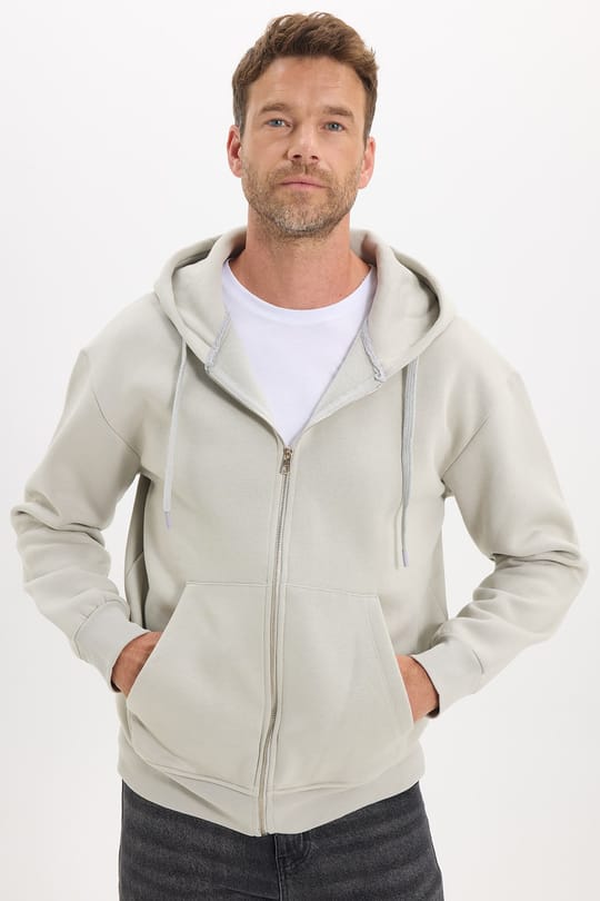 Unisex Relax Fit Rahat Kesim Pamuklu İçi Polarlı Çift Cepli Fermuarlı Taş Renk Kapüşonlu Sweatshirt