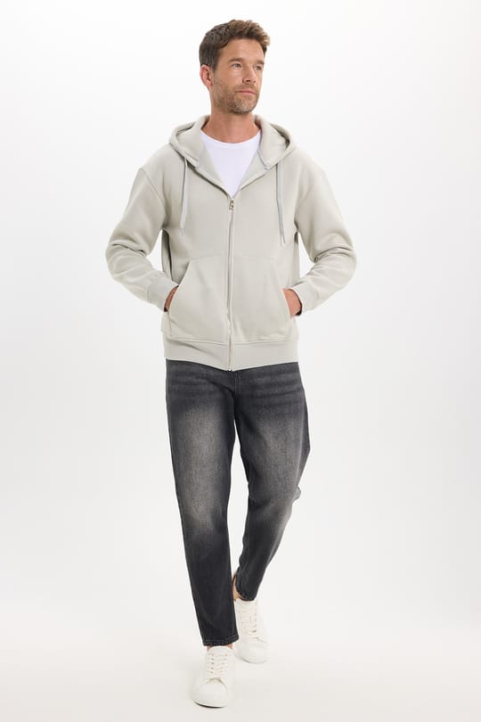 Unisex Relax Fit Rahat Kesim Pamuklu İçi Polarlı Çift Cepli Fermuarlı Taş Renk Kapüşonlu Sweatshirt