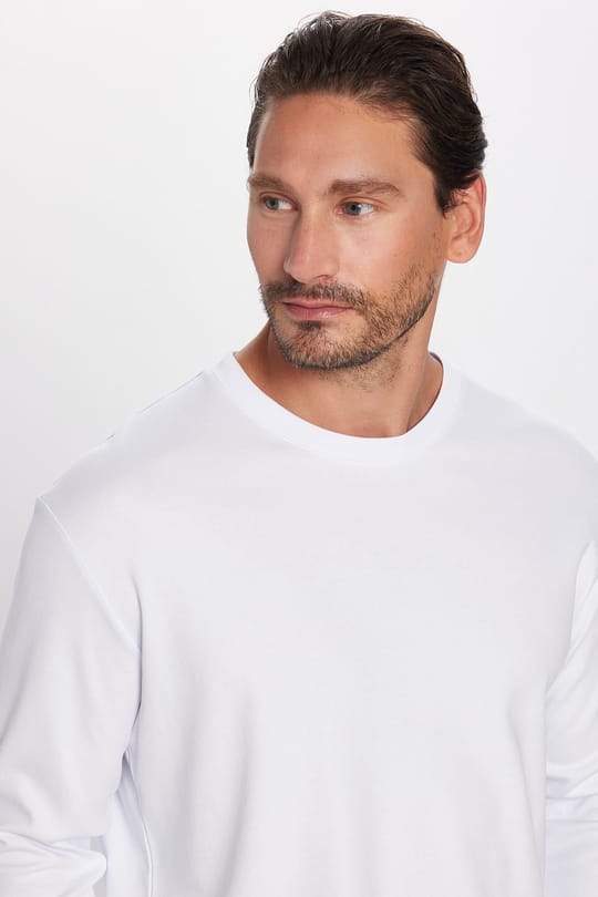 Unisex Relax Fit Rahat Kesim %100 Pamuk Uzun Kollu Bisiklet Yaka Beyaz Basic Tişört