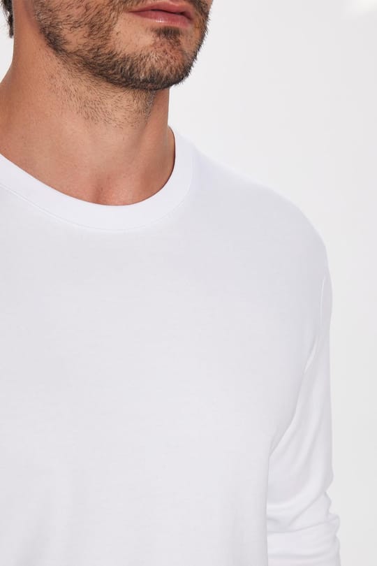 Unisex Relax Fit Rahat Kesim %100 Pamuk Uzun Kollu Bisiklet Yaka Beyaz Basic Tişört