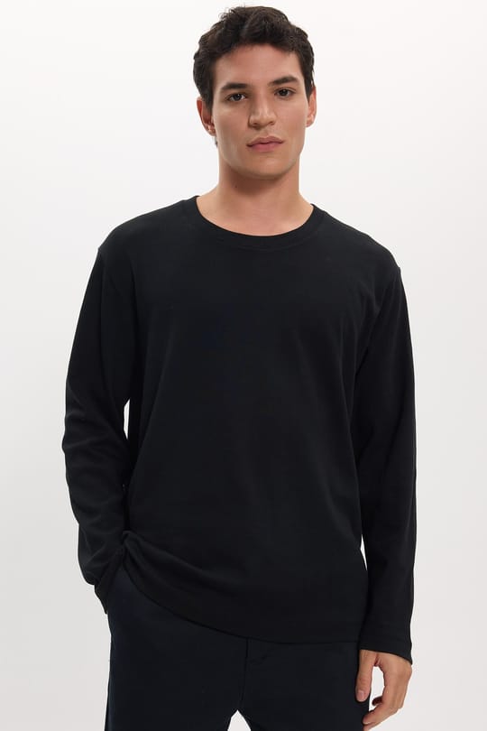 Unisex Relax Fit Rahat Kesim %100 Pamuk Uzun Kollu Bisiklet Yaka Siyah Basic Tişört