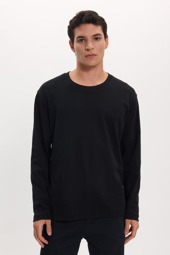 Unisex Relax Fit Rahat Kesim %100 Pamuk Uzun Kollu Bisiklet Yaka Siyah Basic Tişört