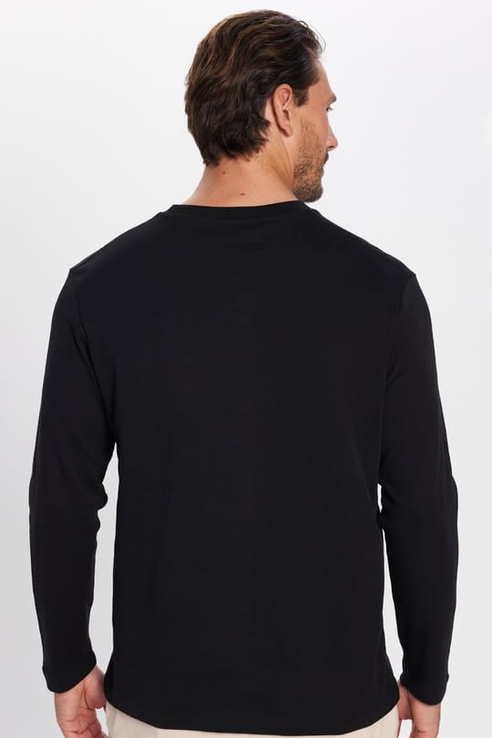 Unisex Relax Fit Rahat Kesim %100 Pamuk Uzun Kollu Bisiklet Yaka Siyah Basic Tişört
