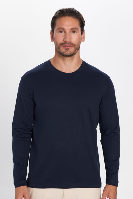 Unisex Relax Fit Rahat Kesim %100 Pamuk Uzun Kollu Bisiklet Yaka Lacivert Basic Tişört