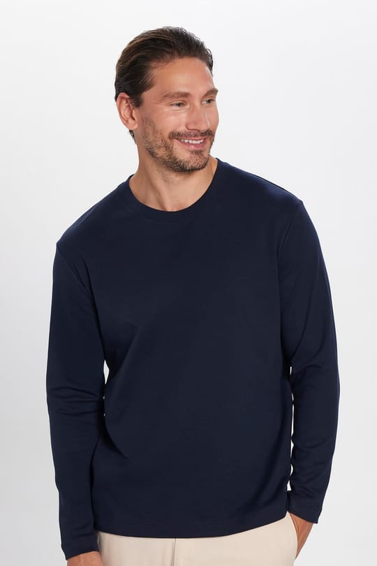 Unisex Relax Fit Rahat Kesim %100 Pamuk Uzun Kollu Bisiklet Yaka Lacivert Basic Tişört