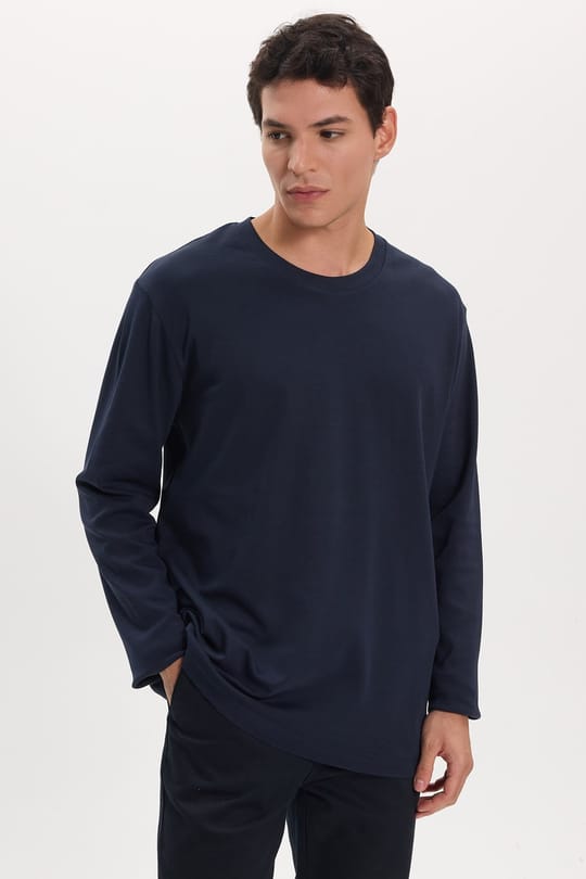 Unisex Relax Fit Rahat Kesim %100 Pamuk Uzun Kollu Bisiklet Yaka Lacivert Basic Tişört