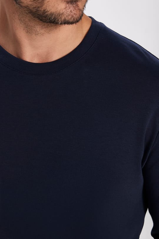 Unisex Relax Fit Rahat Kesim %100 Pamuk Uzun Kollu Bisiklet Yaka Lacivert Basic Tişört