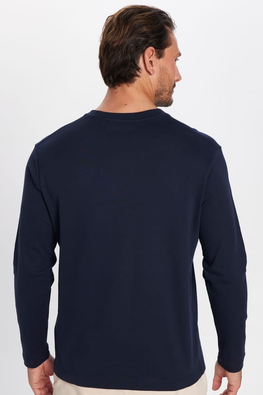 Unisex Relax Fit Rahat Kesim %100 Pamuk Uzun Kollu Bisiklet Yaka Lacivert Basic Tişört