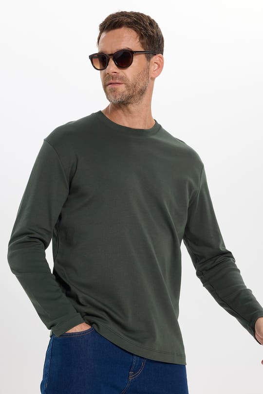 Unisex Relax Fit Rahat Kesim %100 Pamuk Uzun Kollu Bisiklet Yaka Yeşil Basic Tişört
